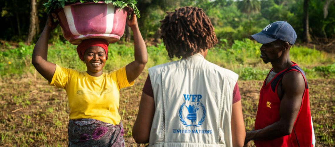 N'yayh Sankoh (left), a smallholder farmer in Tawuya Community, carrying freshly harvested potato leaves speaks to WFP staff.

These farmers are being supported by WFP to cultivate fresh vegetables and legumes for the homegrown school feeding pilot project.

WFP is connecting  the farmers with school feeding programs which purchase fresh produce daily. WFP is also supporting the farmers with seeds as well as training and farming tools.

In its efforts to expand school feeding and extend its potential benefits to more nationals, the Government of Sierra Leone recently launched a policy emphasizing a transition to a better kind of school feeding (home-grown). Collaborating with the Japan International Development Cooperation, the World Food Programme then took a step to implement a pilot that might show the country how to achieve its aspirations, gradually. In the pilot, WFP has connected smallholder farmers to the local schools to supply them with surplus vegetables daily, as well as surplus rice. WFP transfers cash to schools to make these purchases.